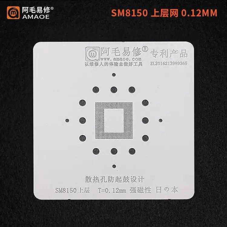 Amaoe BGA Reballing Stencil for SDM439 SM8250 CPU bottom, used for phone repair, by PHONEFIX, in a close-up image.