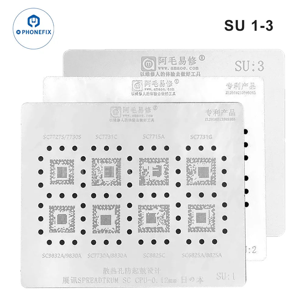 PHONEFIX AMAOE BGA Reballing Stencil for Spreadtrum CPU SU1, SU2, SU3, 0.12mm, shown on SU1-3 model