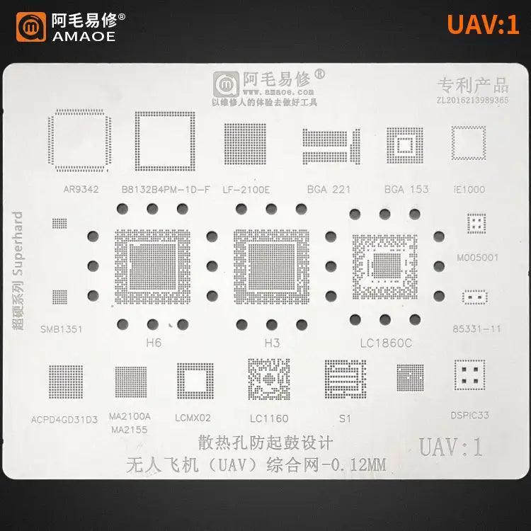 Universal Drones BGA Reballing Stencil Kit for motherboard repair by PHONEFIX, showing detailed stencil layout for precise reballing.