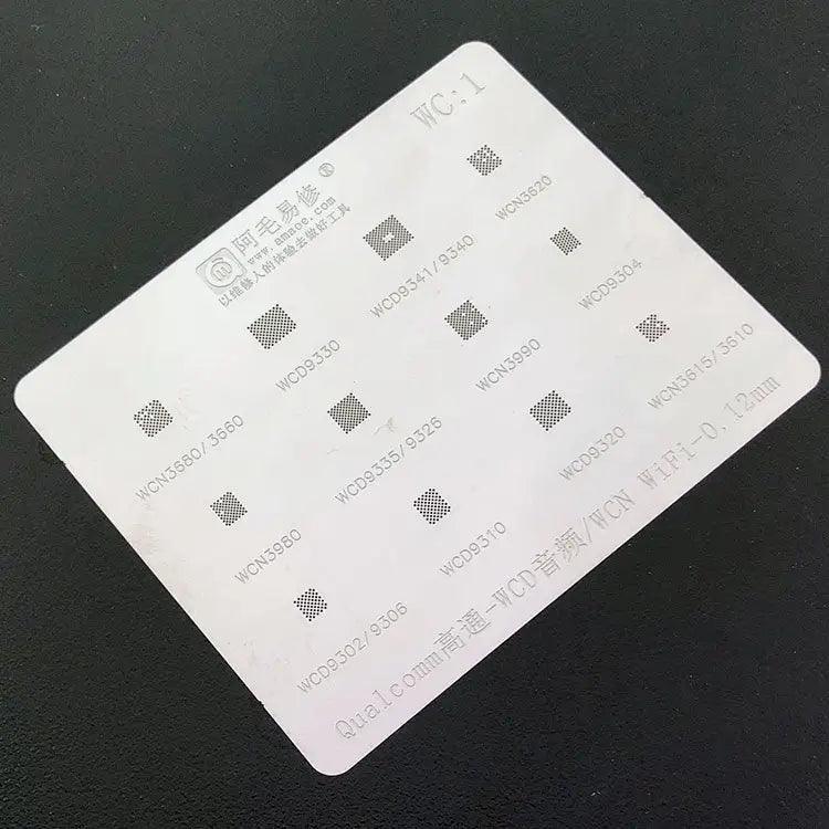 Amaoe BGA Reballing Stencil for AUDIO WiFi Bluetooth Chips by PHONEFIX, used for tin solder reballing on circuit boards.