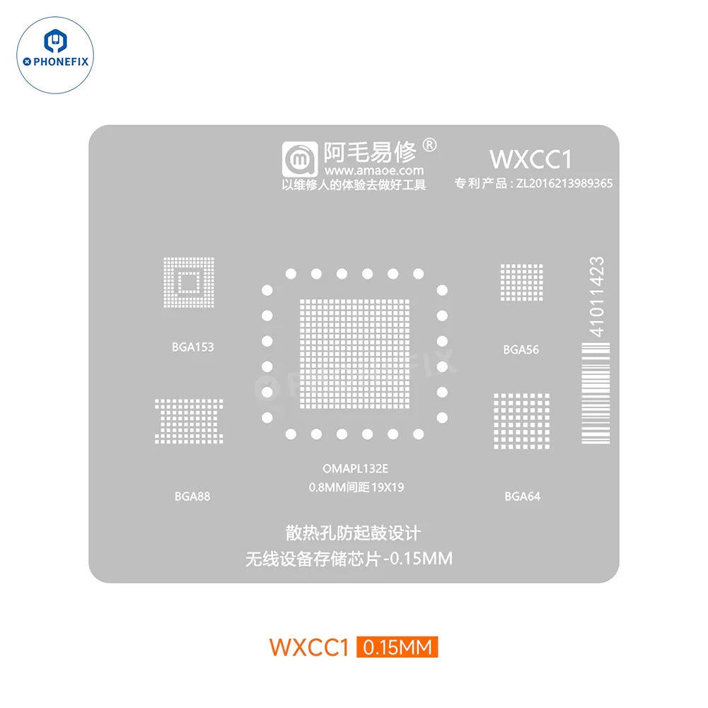 PhoneFix Amaoe WXCC1-2 wireless device BGA reballing stencil for memory chips, used for precise reballing and repairs.