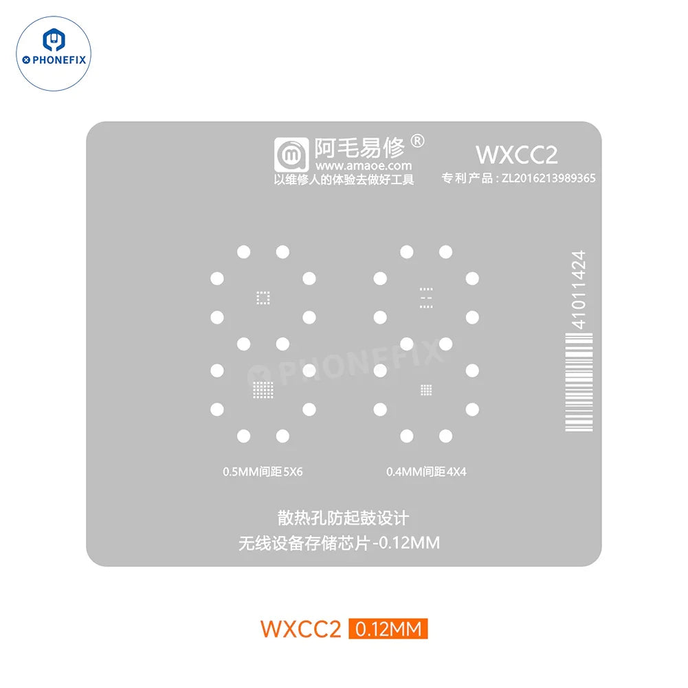 Amaoe WXCC1-2 wireless device BGA reballing stencil with PHONEFIX branding, showing precise metal contact areas for chip reballing.