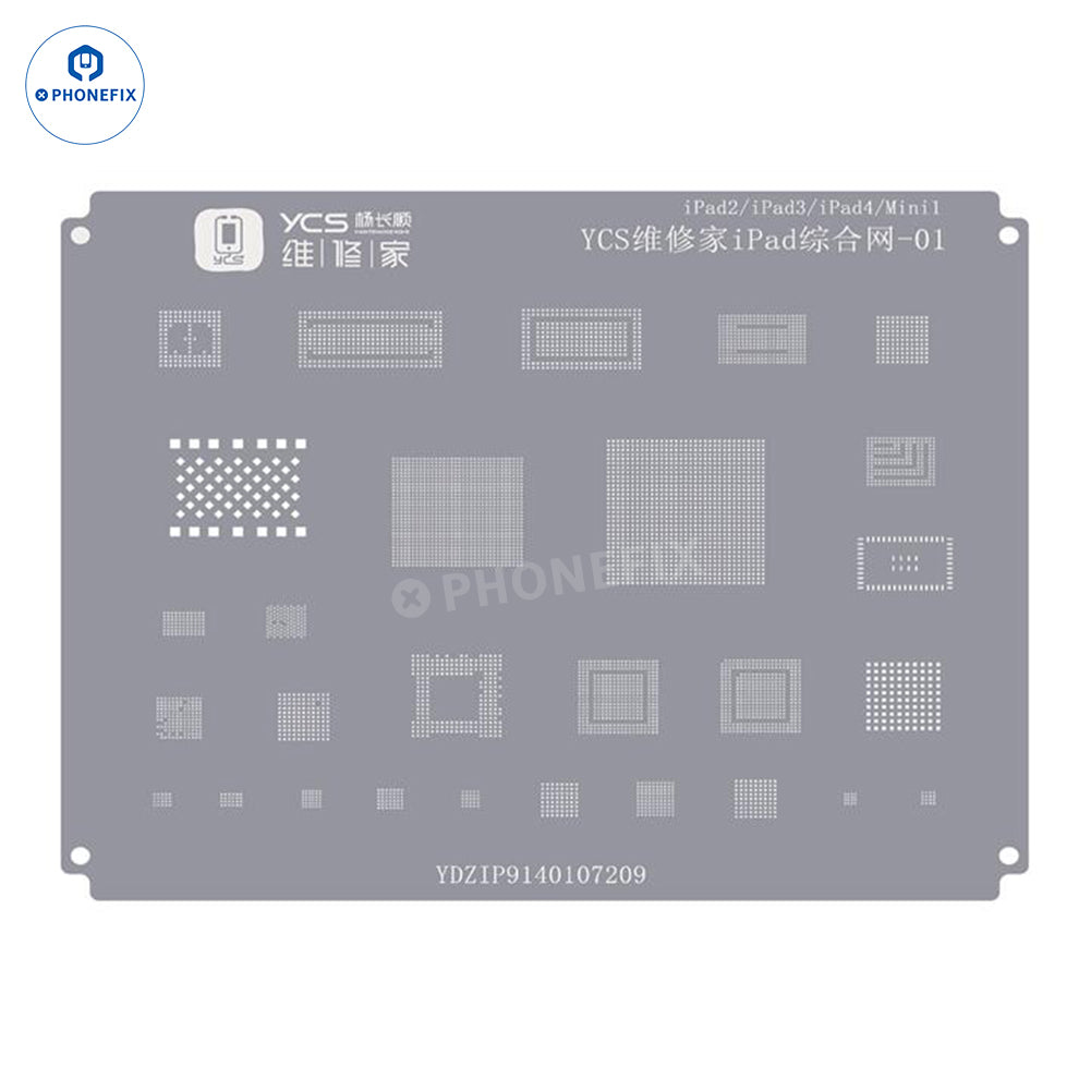 BGA reballing stencil for iPad series CPU and NAND IC by PHONEFIX, showing detailed stencil pattern for iPad 2, 3, 4, and Mini.