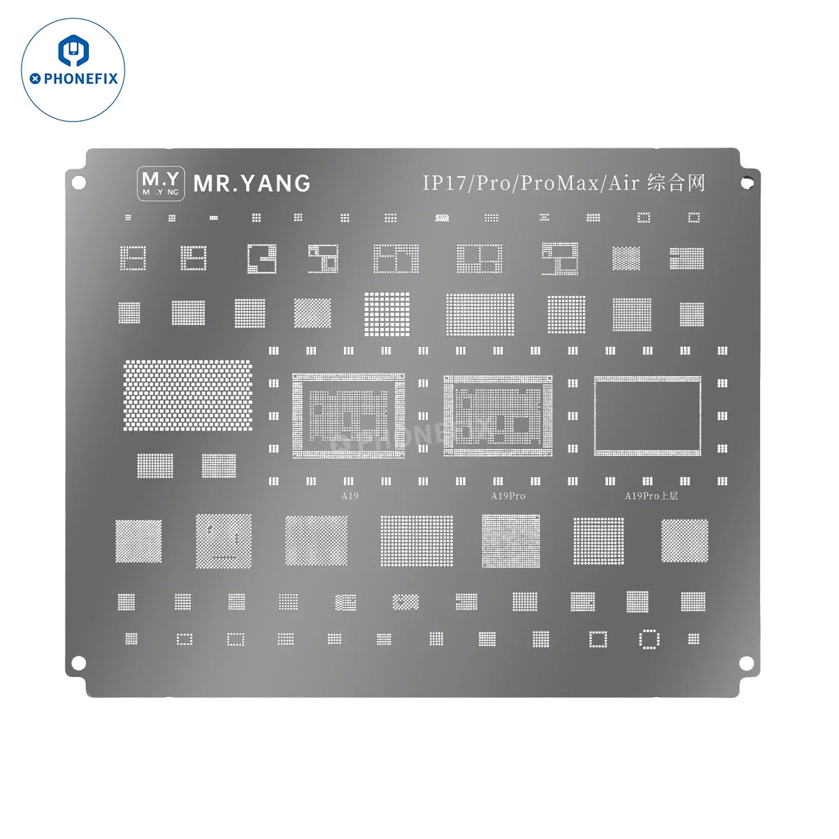 PhoneFix BGA reballing stencil for iPhone 17 Pro, Pro Max, and Air models, used for precise reballing of laptop and drone circuit boards.