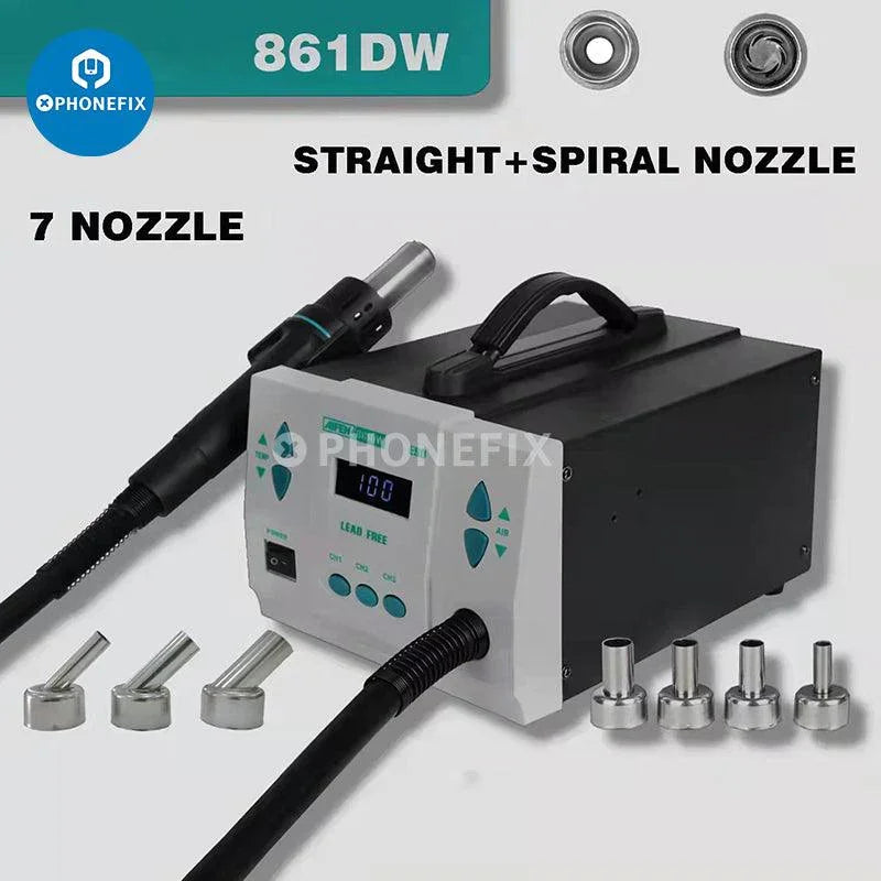 Aifen 861DW 700W hot air gun BGA rework station with 7 nozzles for electronics repair, shown on a workspace.