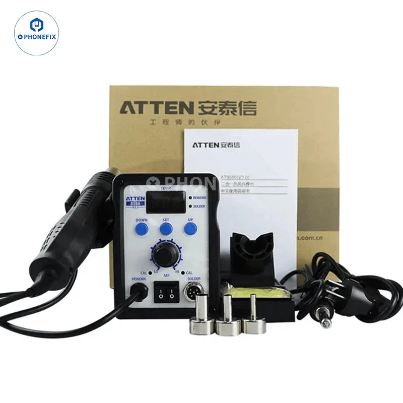 ATTEN AT8586 hot air gun BGA rework station with digital controls and ergonomic handle for precise electronics repair.