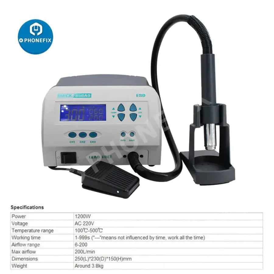 Quick 856AD SMD lead-free hot air gun BGA rework station from PHONEFIX with control panel and nozzle for soldering repairs.