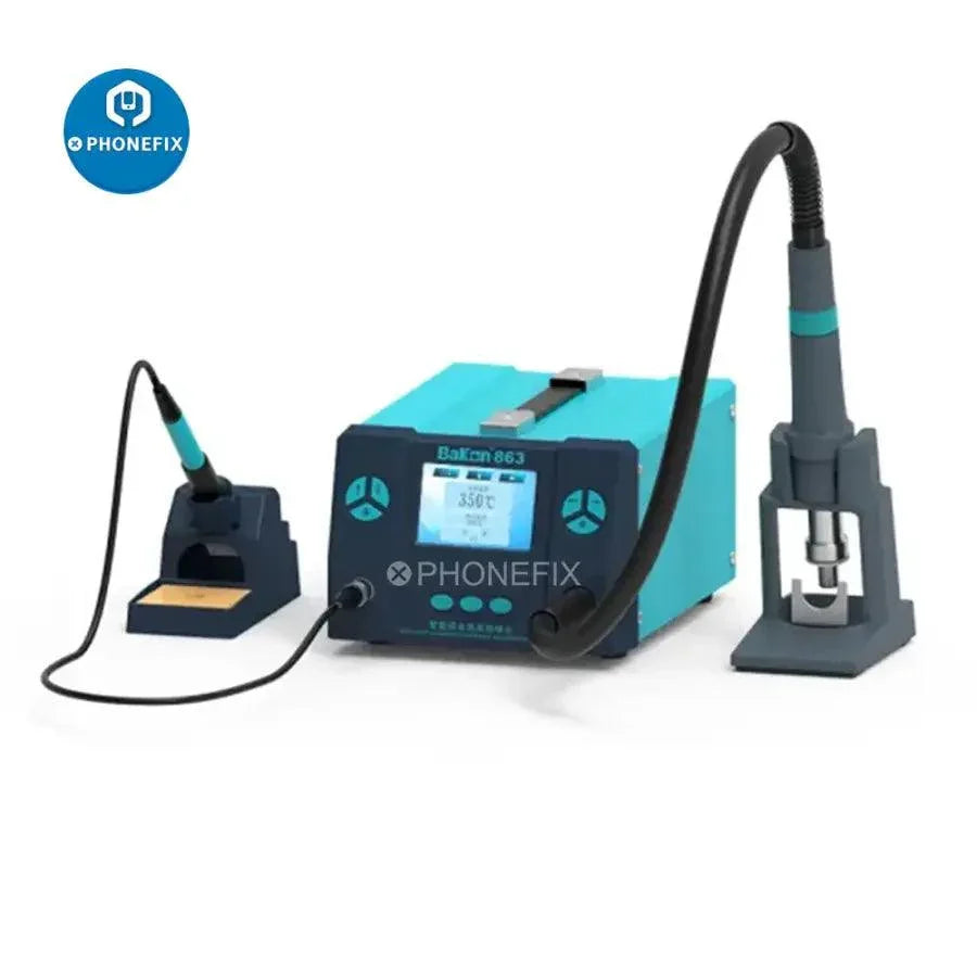 Bakon BK863 intelligent BGA rework station with hot air gun and digital controls, 1000W power, used for electronics repair.