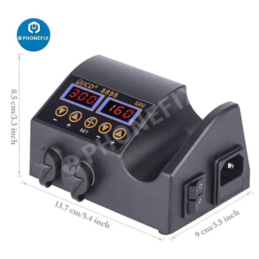 PhoneFix JCD-8898 2-in-1 hot air gun soldering rework station for BGA PCB repair, with adjustable temperature and digital controls.
