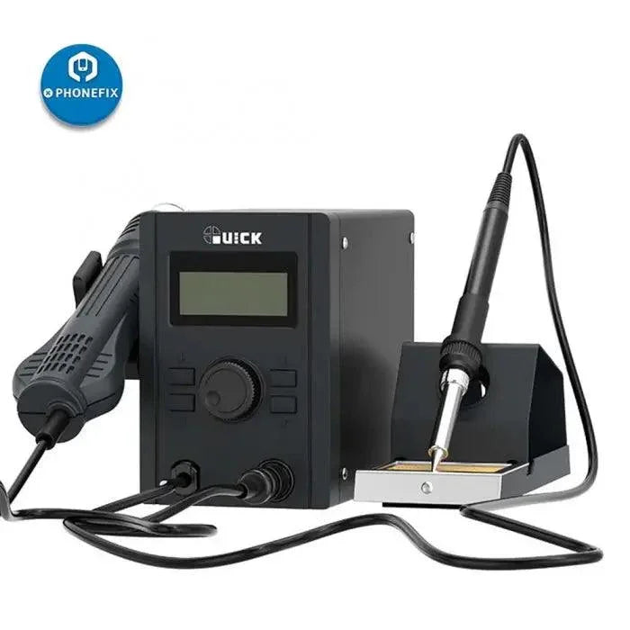 PhoneFix Quick 715 BGA Rework Station with soldering iron and heat air gun for electronics repair, shown in a detailed view.