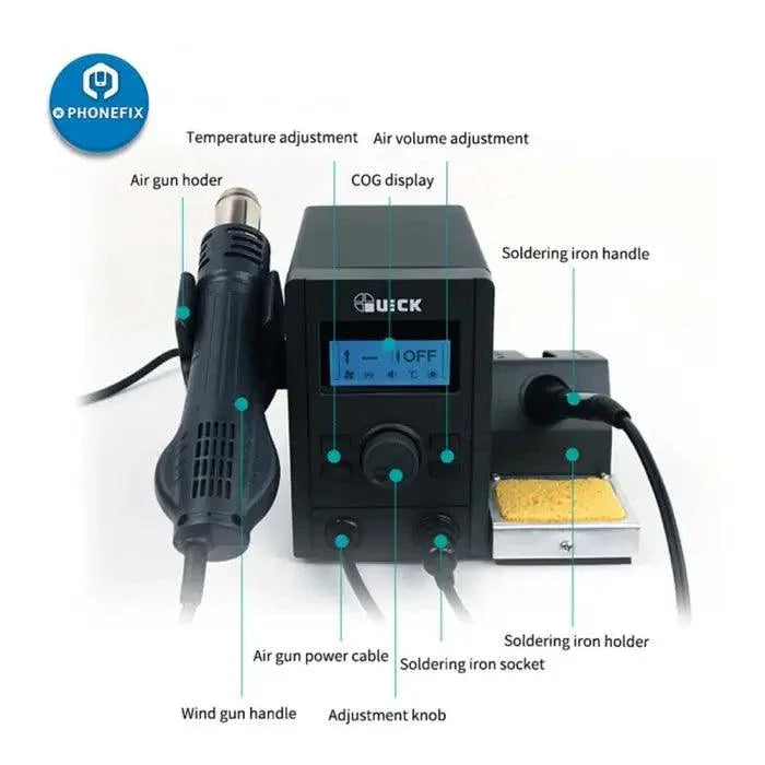 PhoneFix Quick 715 BGA Rework Station with soldering iron and heat air gun for electronics rework and soldering tasks.