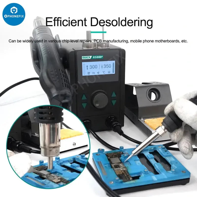 Quick 8586D+ 2-in-1 BGA rework station with hot air gun and soldering station by PHONEFIX, lead-free soldering tools included.