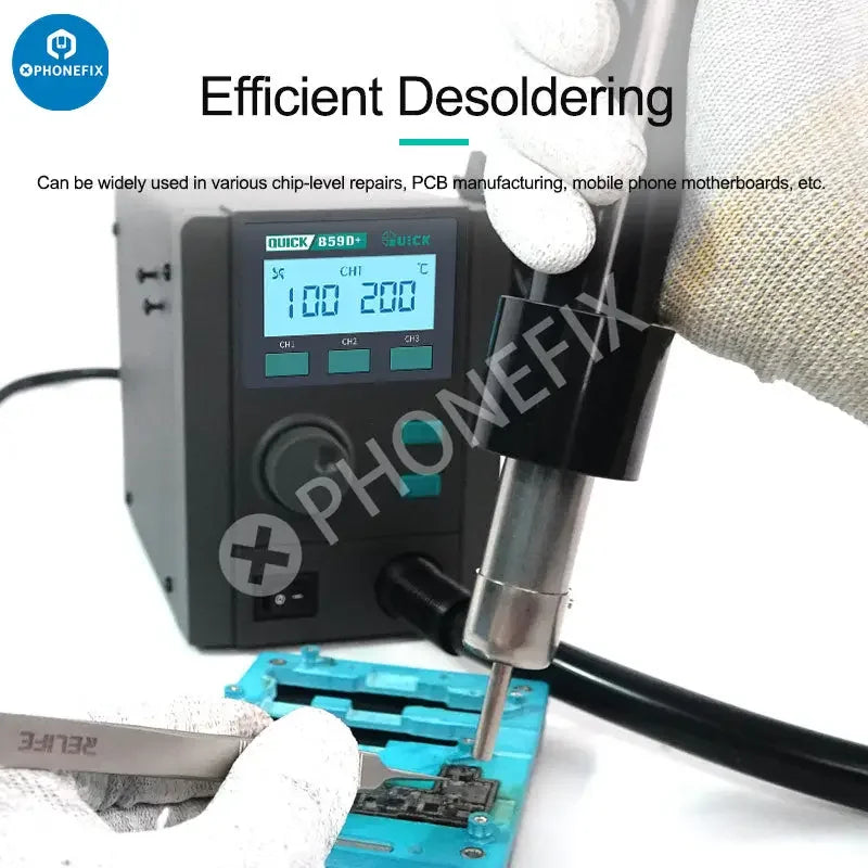 Quick 859D+ BGA Rework Station hot air gun for motherboard desoldering and rework, with control panel and adjustable air flow.