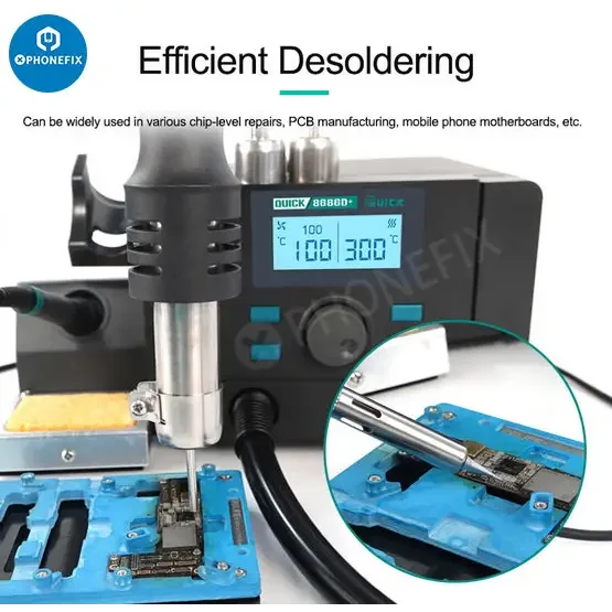PHONEFIX QUICK 8686D+ 2-in-1 BGA rework station with soldering iron and hot air gun, used for electronics repair.