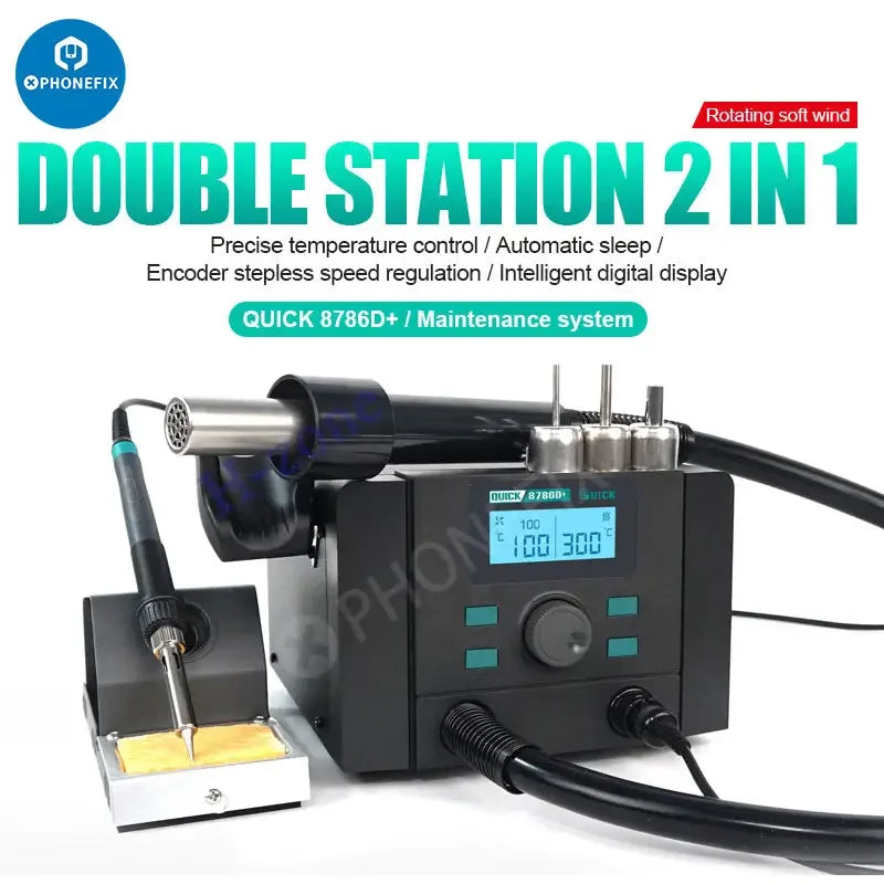 Quick 8786D+ 2-in-1 hot air gun BGA rework station by PHONEFIX with precision soldering and de-soldering tools for electronics repair