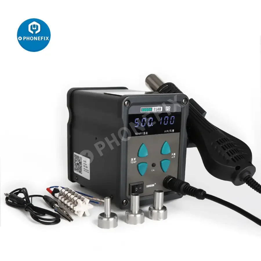 PhoneFix Sugon 858D hot air gun BGA rework station for soldering and welding, with digital controls and adjustable airflow.