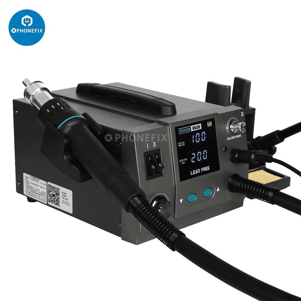 SUGON 9630 LED-free hot air gun soldering rework station for BGA repair, featuring control panel and no LED indicator.