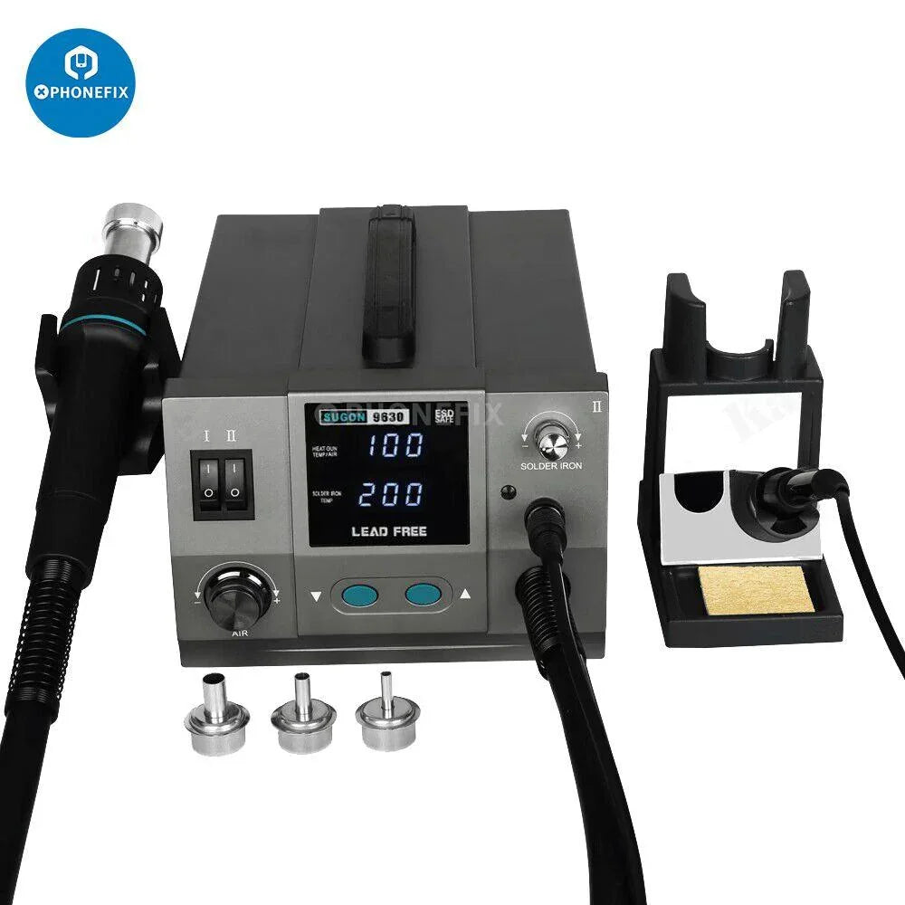 SUGON 9630 LED-Free Hot Air Gun BGA Rework Station by PHONEFIX with digital display and control knobs for precise soldering.