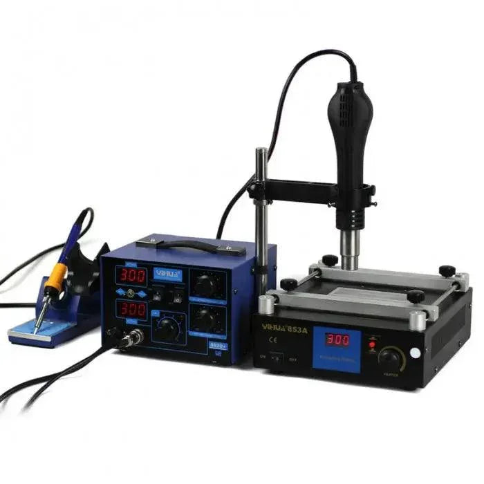 YIHUA 3-in-1 BGA Rework Station with YH-862D and YH-853A models, featuring rework tools and digital control panels.