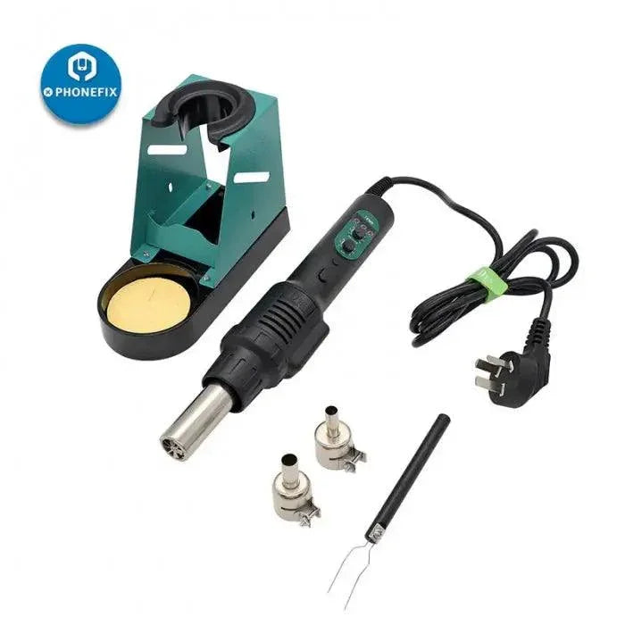 DES 560B handheld hot air gun for BGA rework station by PHONEFIX, used for digital de-soldering and reworking circuit boards.