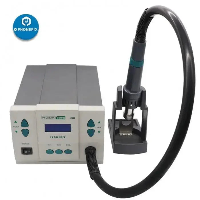 PHONEFIX 861DW 900W BGA rework station with digital display and 3 nozzles for precise hot air gun rework and electronics repair.