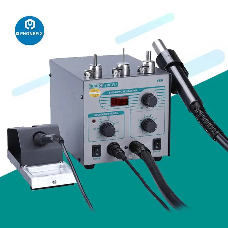 Quick 706W+ 2-in-1 BGA rework station with hot air gun and soldering tool by PHONEFIX, used for electronics repair and rework.