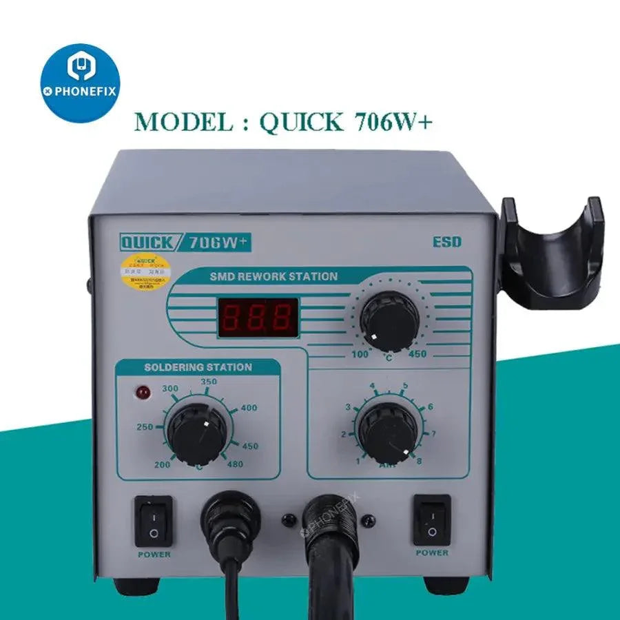 QUICK 706W+ BGA rework station with hot air gun soldering tool, compact design for electronics repair and rework tasks.