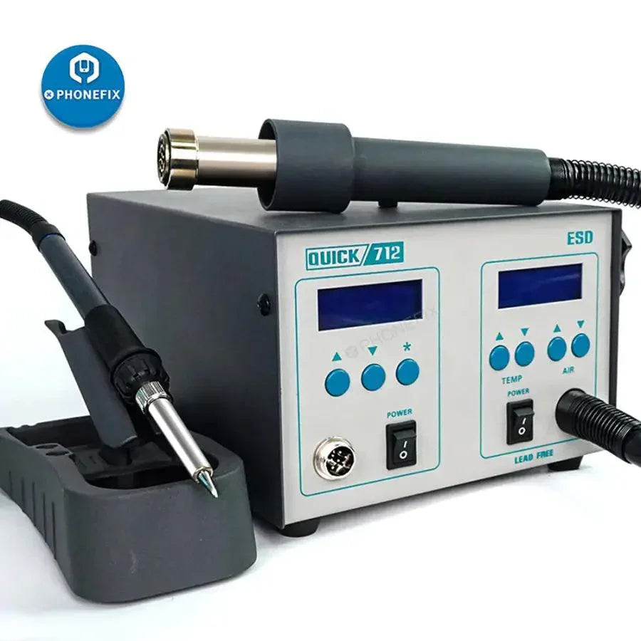 Quick 712 Digital 2-in-1 BGA rework station with hot air gun and soldering iron from PHONEFIX, used for electronics repair.