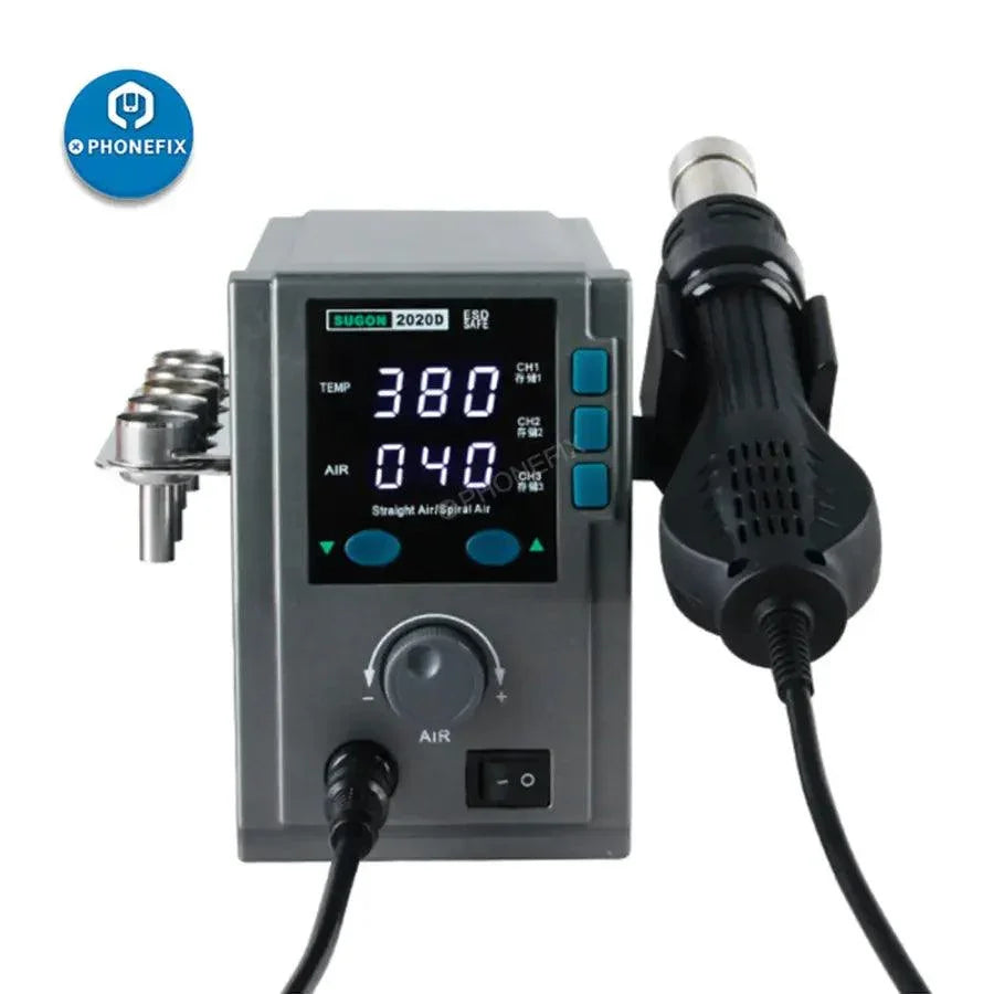 SUGON 2020D 700W hot air gun BGA desoldering station for PCB rework, with digital controls and nozzle attachments, by PHONEFIX