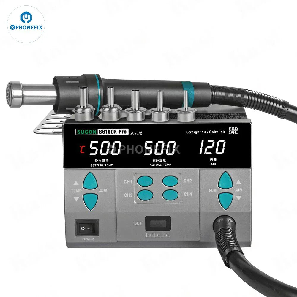 PHONEFIX SUGON 8610DX 1000W BGA Rework Station with LED display and five nozzles for precision hot air rework.