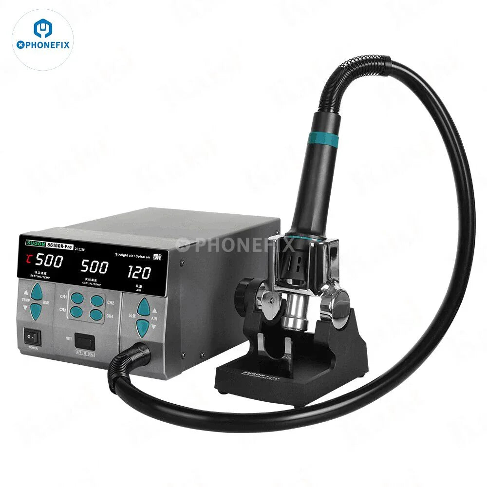 PhoneFix SUGON 8610DX BGA rework station with 1000W hot air tool, LED display, and five nozzles for precise PCB rework.
