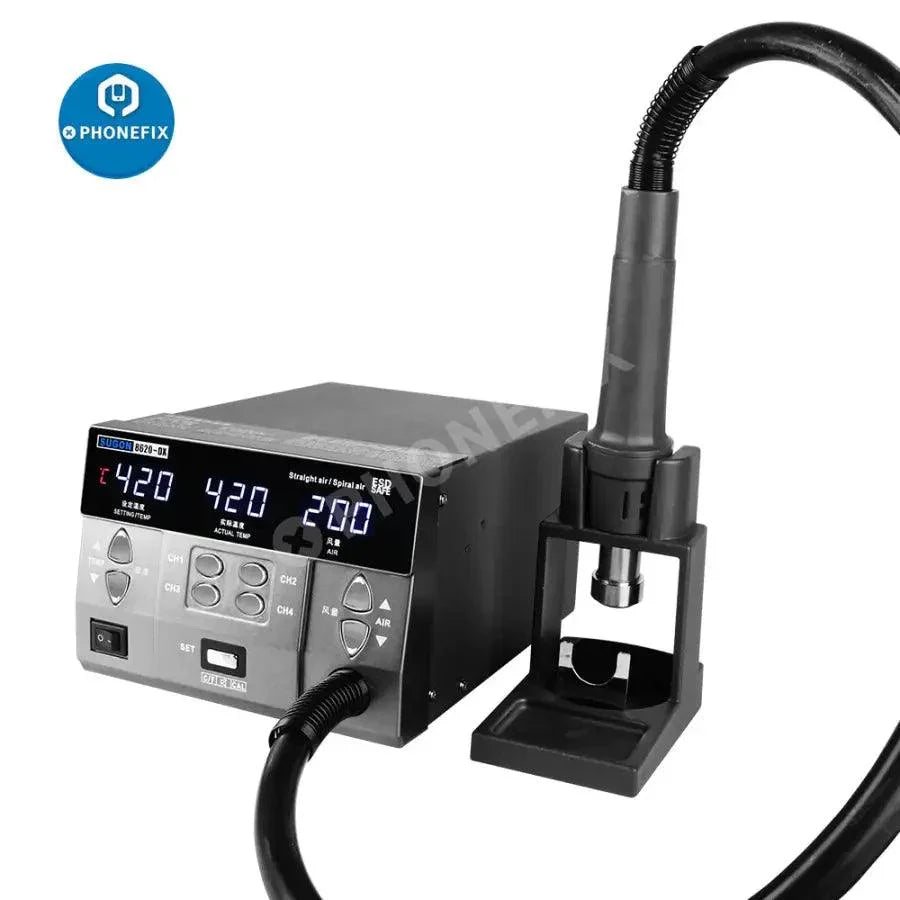 SUGON 8620DX 1000W BGA rework station with hot air gun and 45-degree nozzles for precise electronic component rework.
