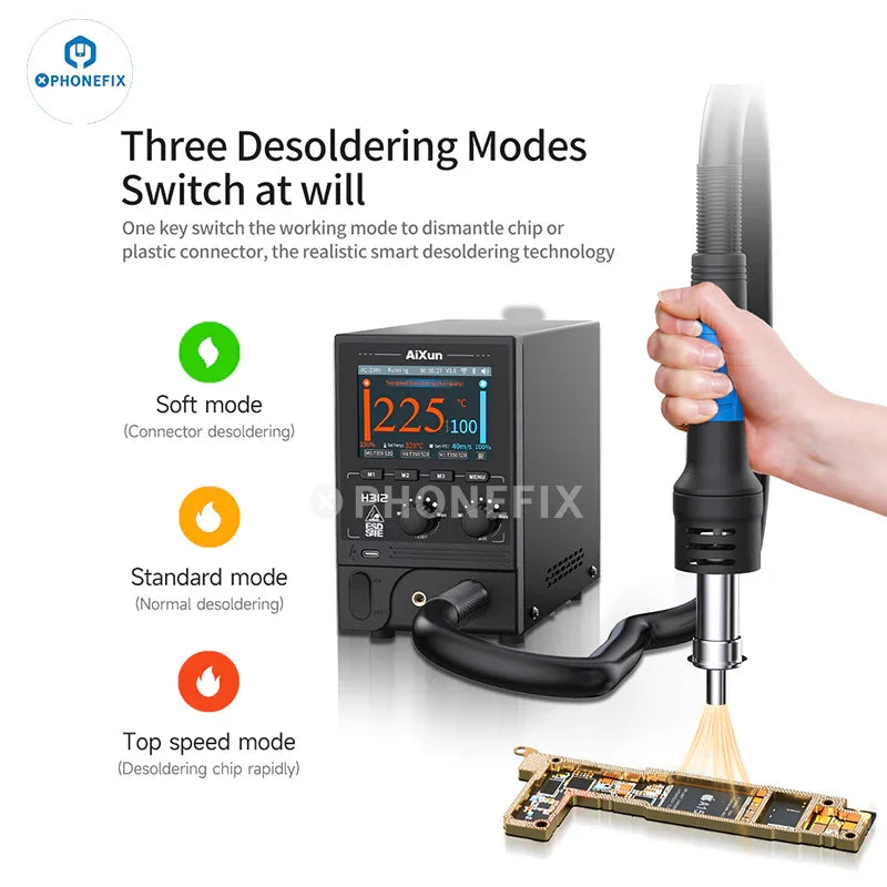 AiXun H312 1400W smart hot air gun BGA rework station with digital controls and cooling fan for electronics repair.