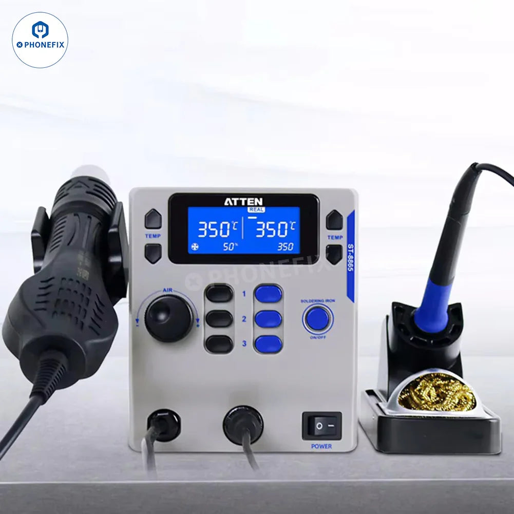 PhoneFix ATTEN ST-8865 BGA rework station with soldering iron and hot air gun for electronics repair and rework.