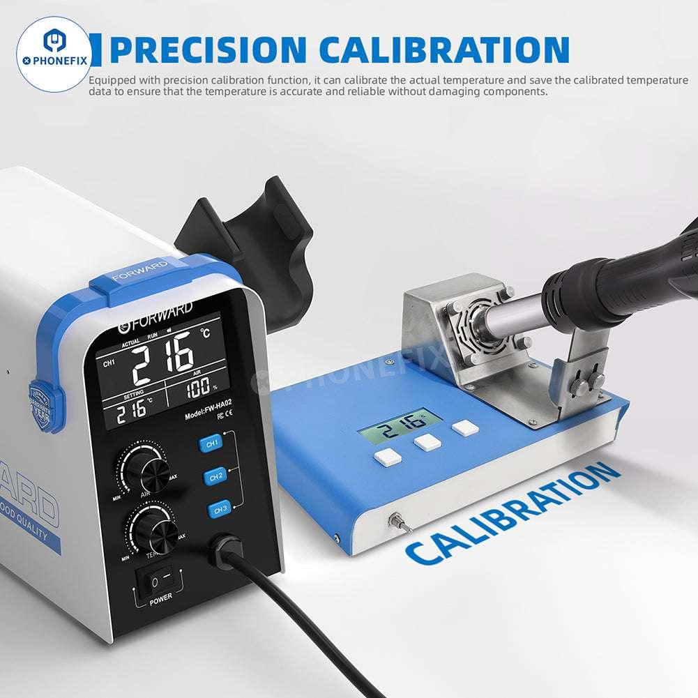 PhoneFix FW-HA02 spiral wind hot air desoldering station for BGA rework, with adjustable airflow and temperature controls.