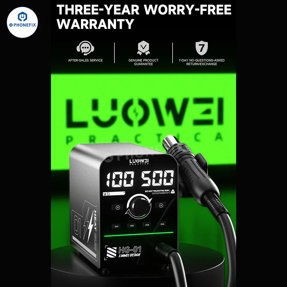 LUOWEI HG-01 800W Hot Air Gun BGA Rework Station with digital controls for desoldering electronic components.