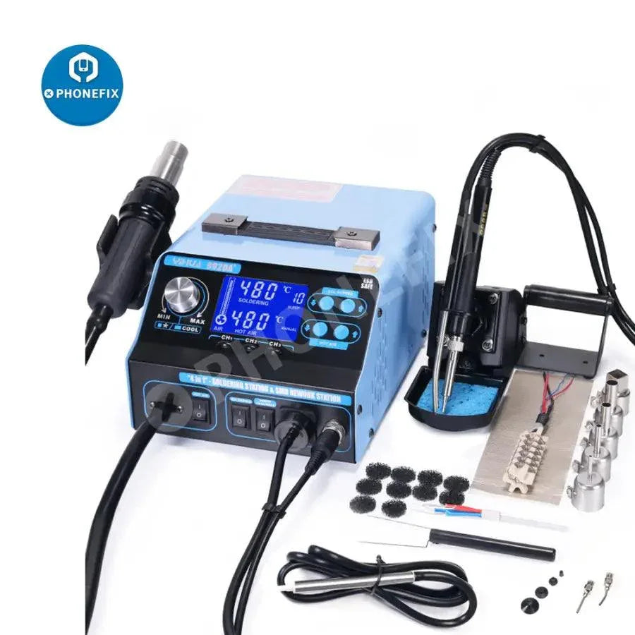 PHONEFIX 992DA+ hot air BGA rework station with solder vacuum pen, LCD display, used for precise BGA chip repair.