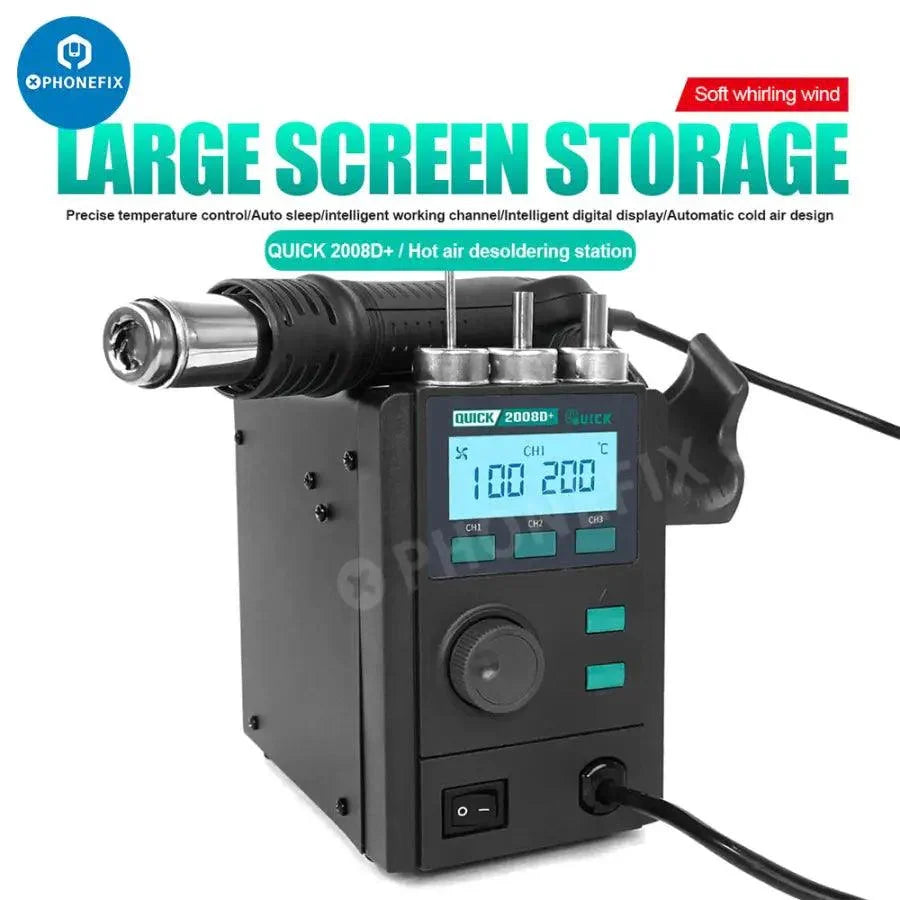 PhoneFix QUICK 2008 ESD digital display BGA rework station with heat gun for soldering and reworking electronic components.