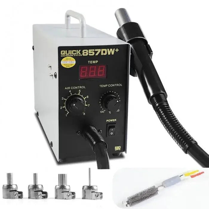 Quick 857DW+ Lead-Free Hot Air Heat Gun BGA Rework Station by PHONEFIX, showing the compact, professional soldering and rework equipment.