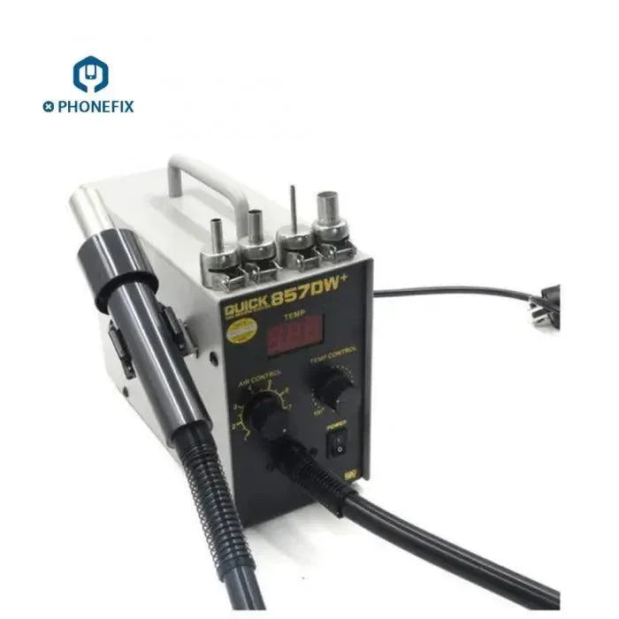 Quick 857DW+ BGA rework station with lead-free hot air heat gun for soldering and rework, designed by PHONEFIX.