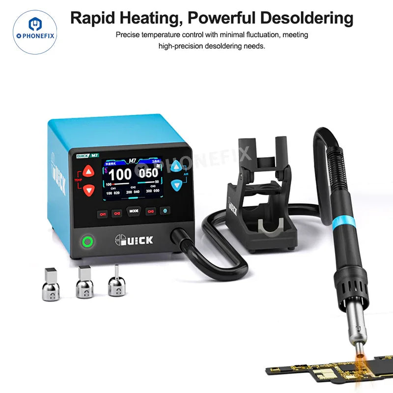 Quick M7 1000W smart hot air desoldering station for phone repair, BGA rework station by PHONEFIX with digital controls and hot air nozzle.