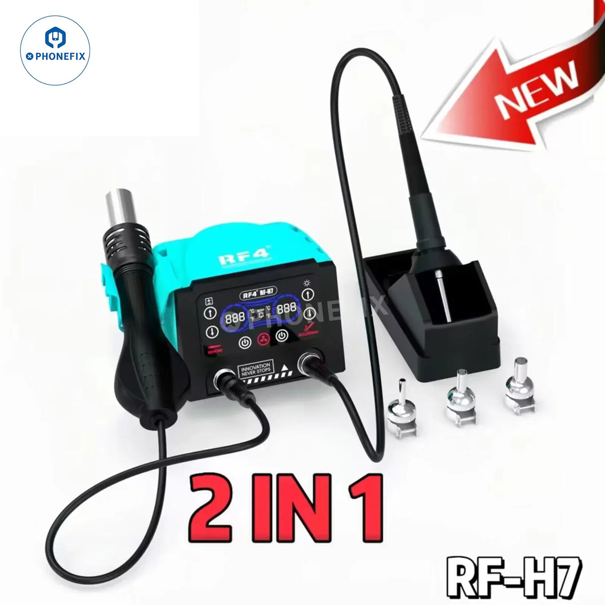 RF-H7 RF-H6 BGA rework station with digital touch display, hot air soldering iron, and 2-in-1 station for electronic repairs.