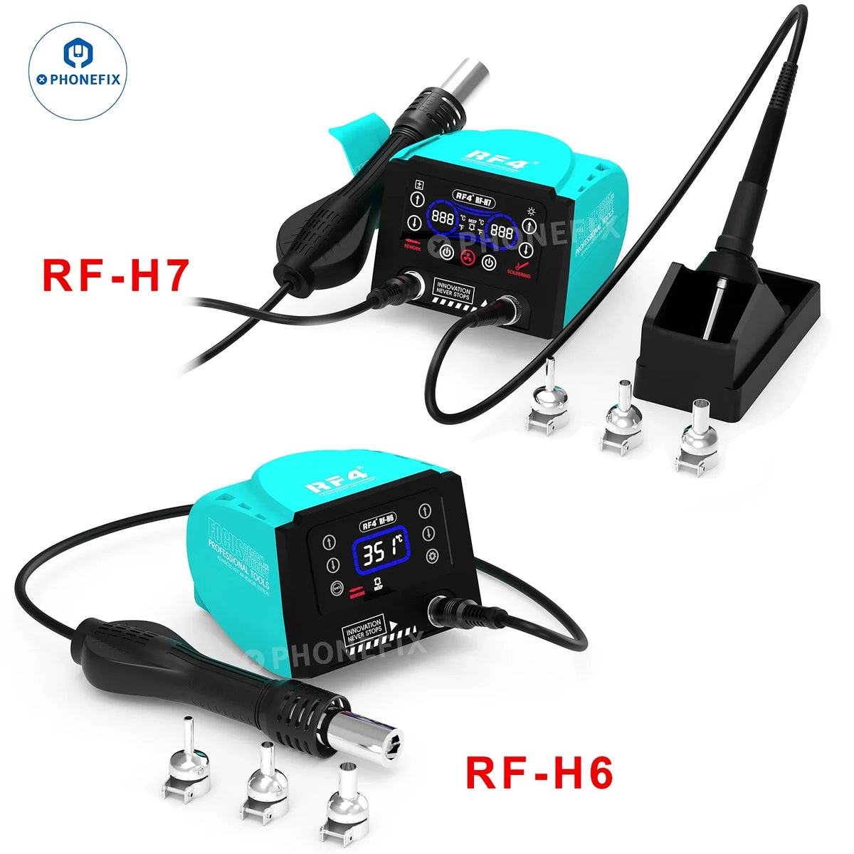 RF-H6 RF-H7 hot air soldering iron BGA rework station with digital touch display by PHONEFIX, showing the soldering iron and station controls.