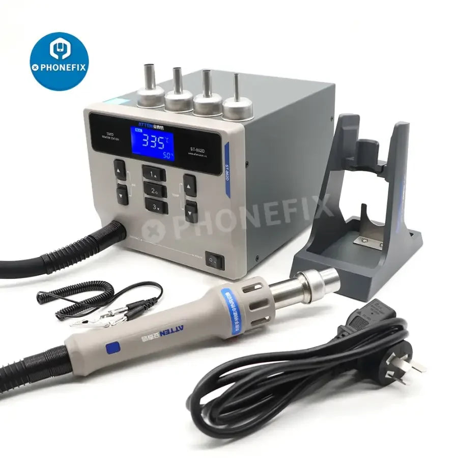 ATTEN ST-862D 1000W hot air gun BGA rework station used for PCB repair, featuring adjustable temperature and airflow controls.