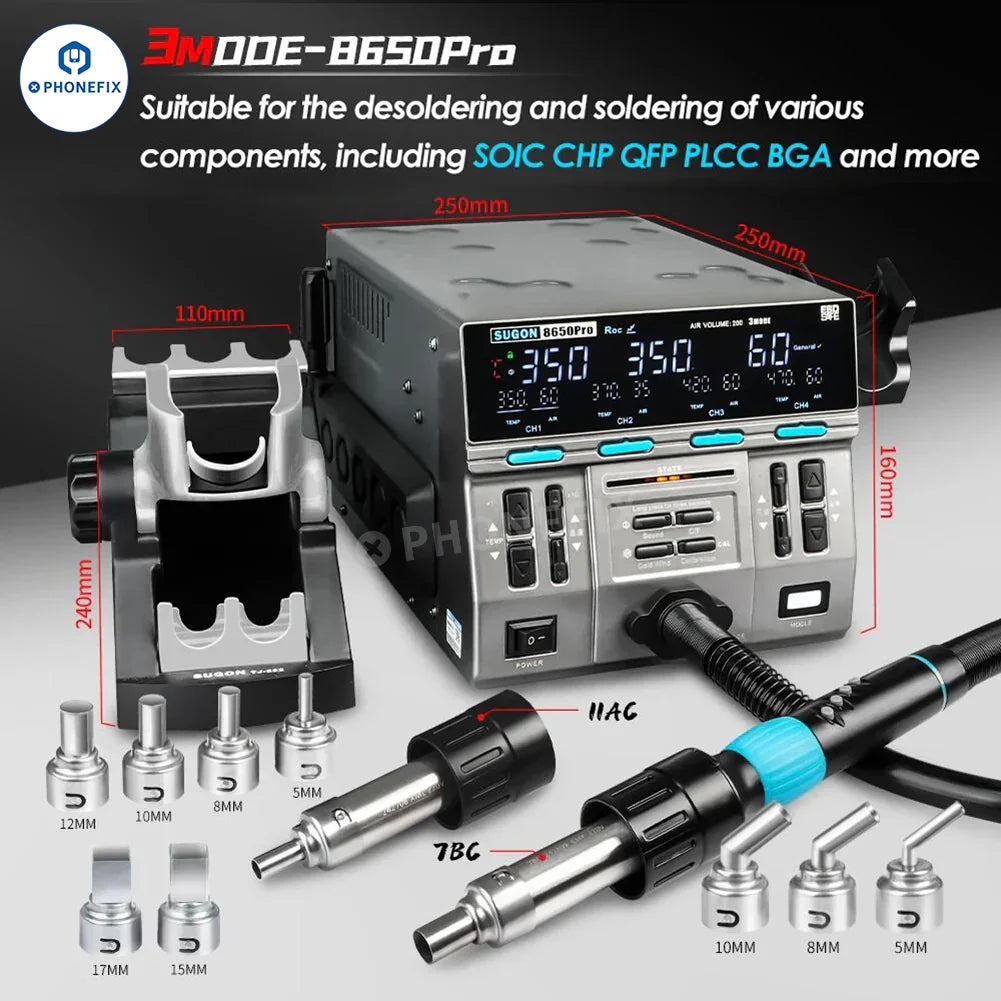 SUGON 8650Pro Curve Hot Air Gun BGA Rework Station with 1300W power, used for electronics repair and rework.