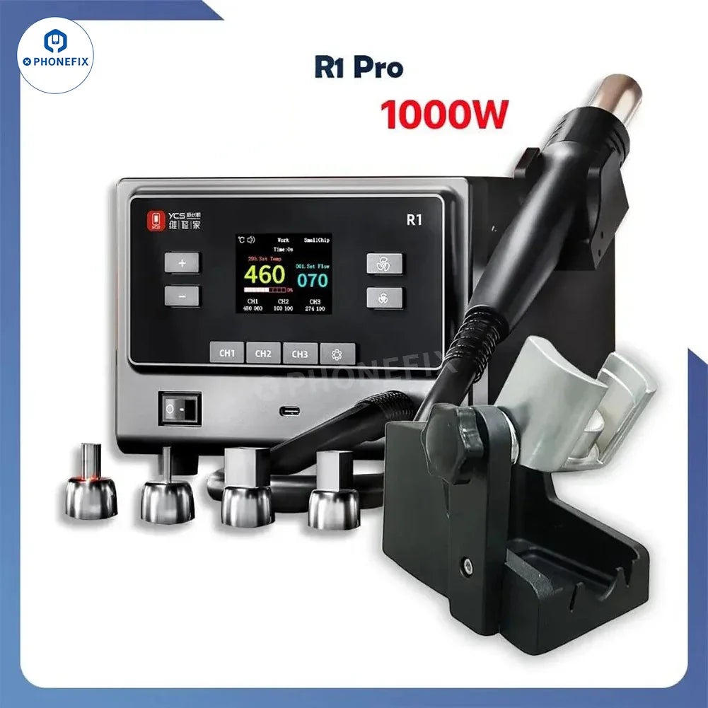 Qianli & YCS R1 1000W hot air gun BGA rework station with digital controls and ergonomic design for electronics repair.