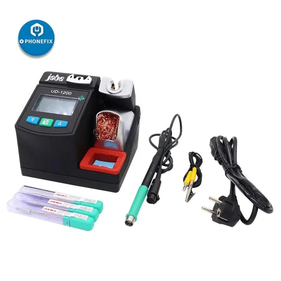 UD-1200 lead-free BGA soldering station by PHONEFIX with precision electronic welding tools, featuring a control unit and soldering iron.