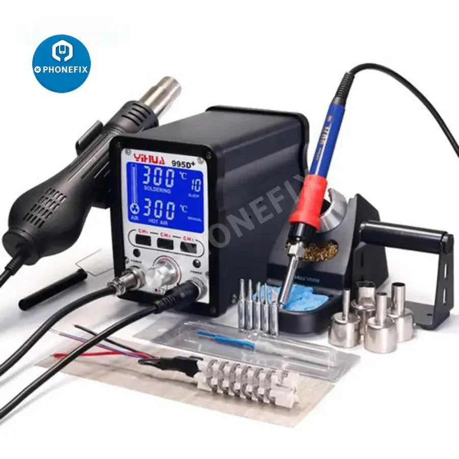 YIHUA 995D+ SMD BGA soldering station with hot air gun for BGA rework, featuring digital controls and professional-grade tools.