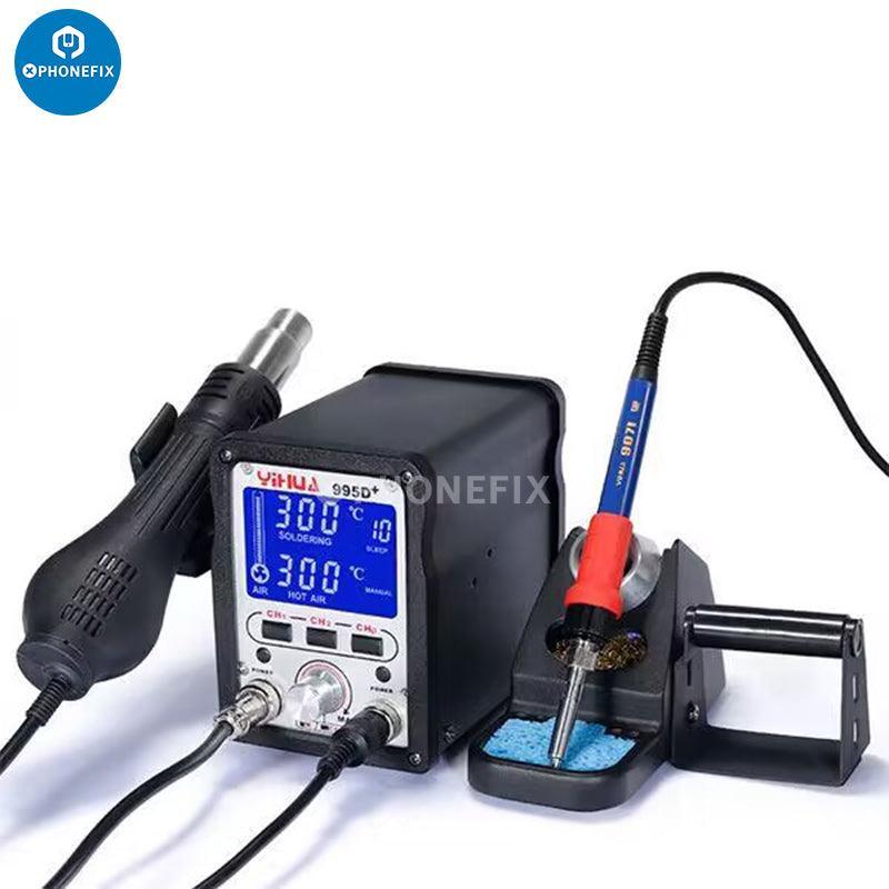 YIHUA 995D+SMD BGA Soldering Station with hot air gun, used for BGA rework, shown with soldering tools and station setup.