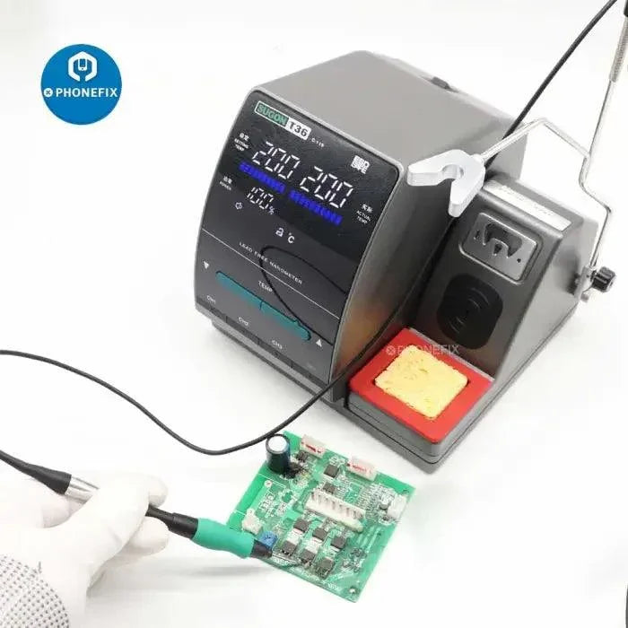 Sugon T36 lead-free BGA soldering station by PHONEFIX with JBC C115 iron tips, used for precise circuit board soldering.
